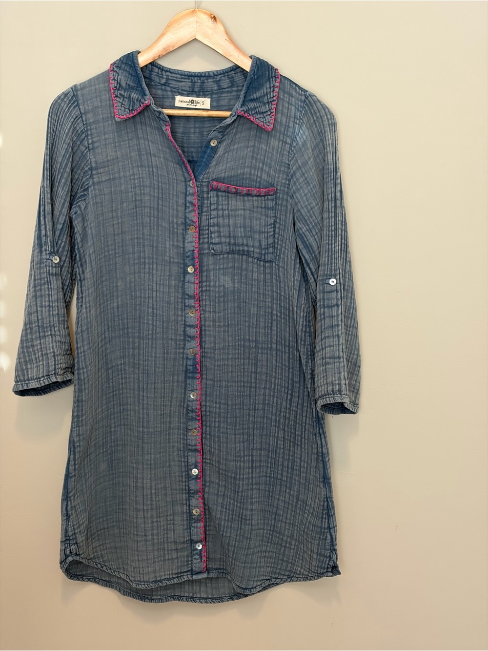 NATURAL LIFE Denim-Blue Midi Shirt Dress with Pink Trim